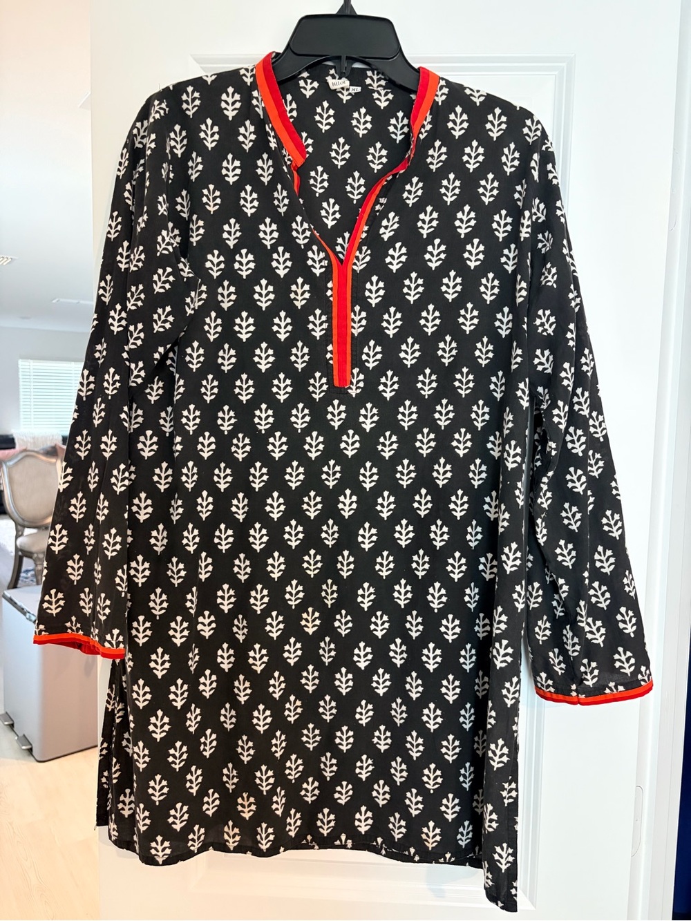 Black and White Patterned women Shirt /Kurta with Red Trim
